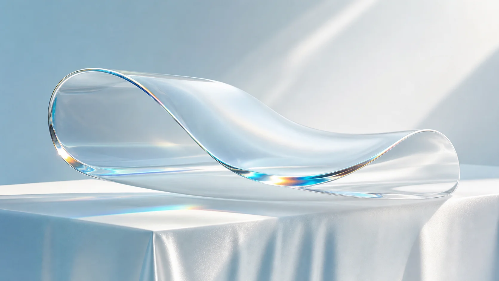 以透明曲面玻璃與光線呈現 Liquid Glass 材質的 editorial 生成插畫