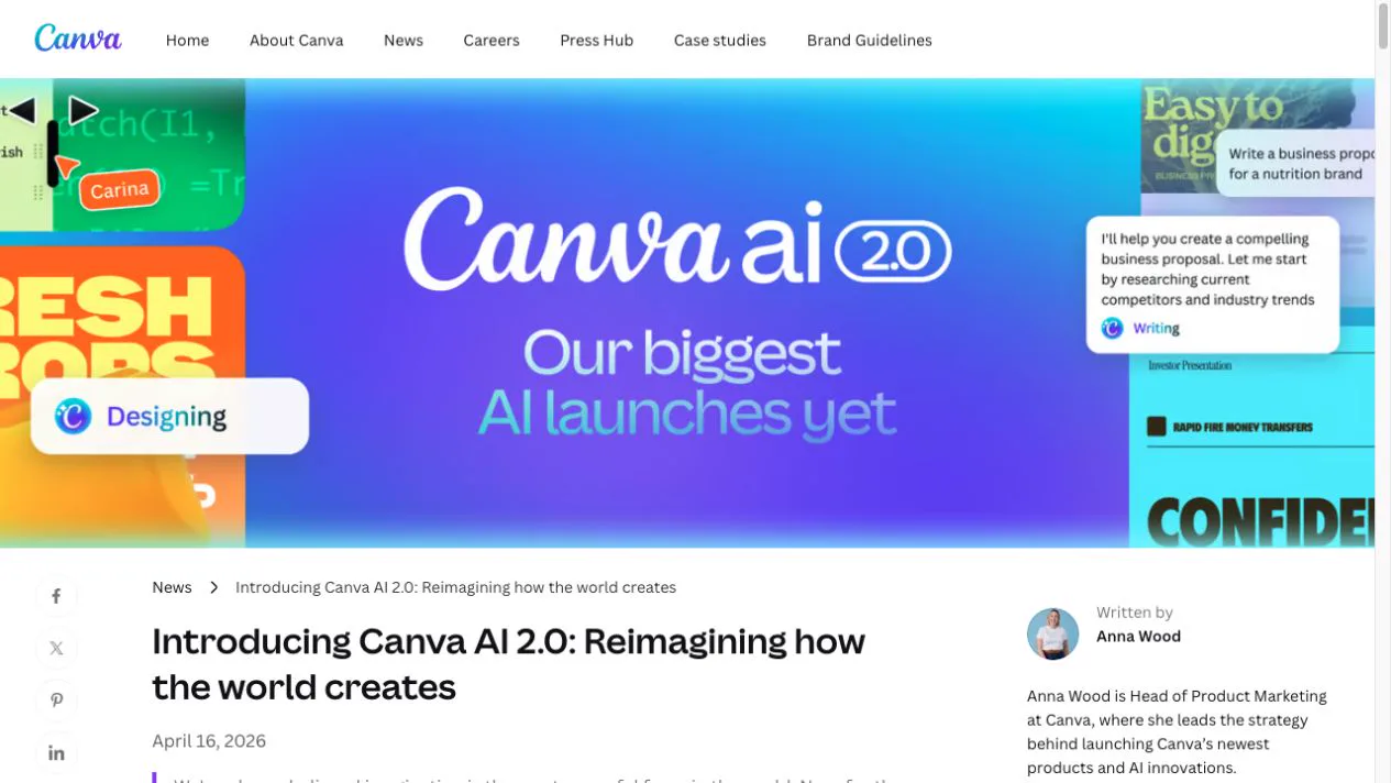 Canva AI 2.0 官方頁面截圖
